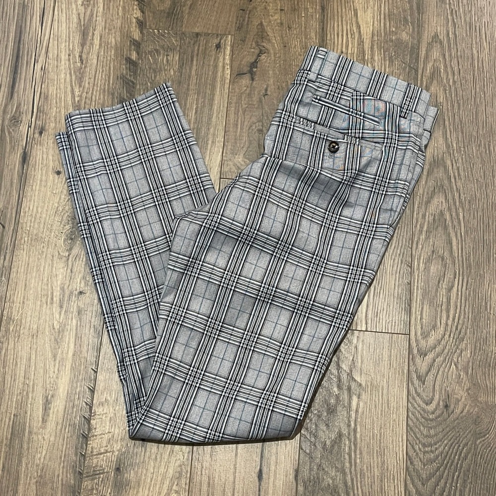 Murano Evan Fit Mens Grey Plaid Dress Pants 30x32 Stretch Flat Front Trousers